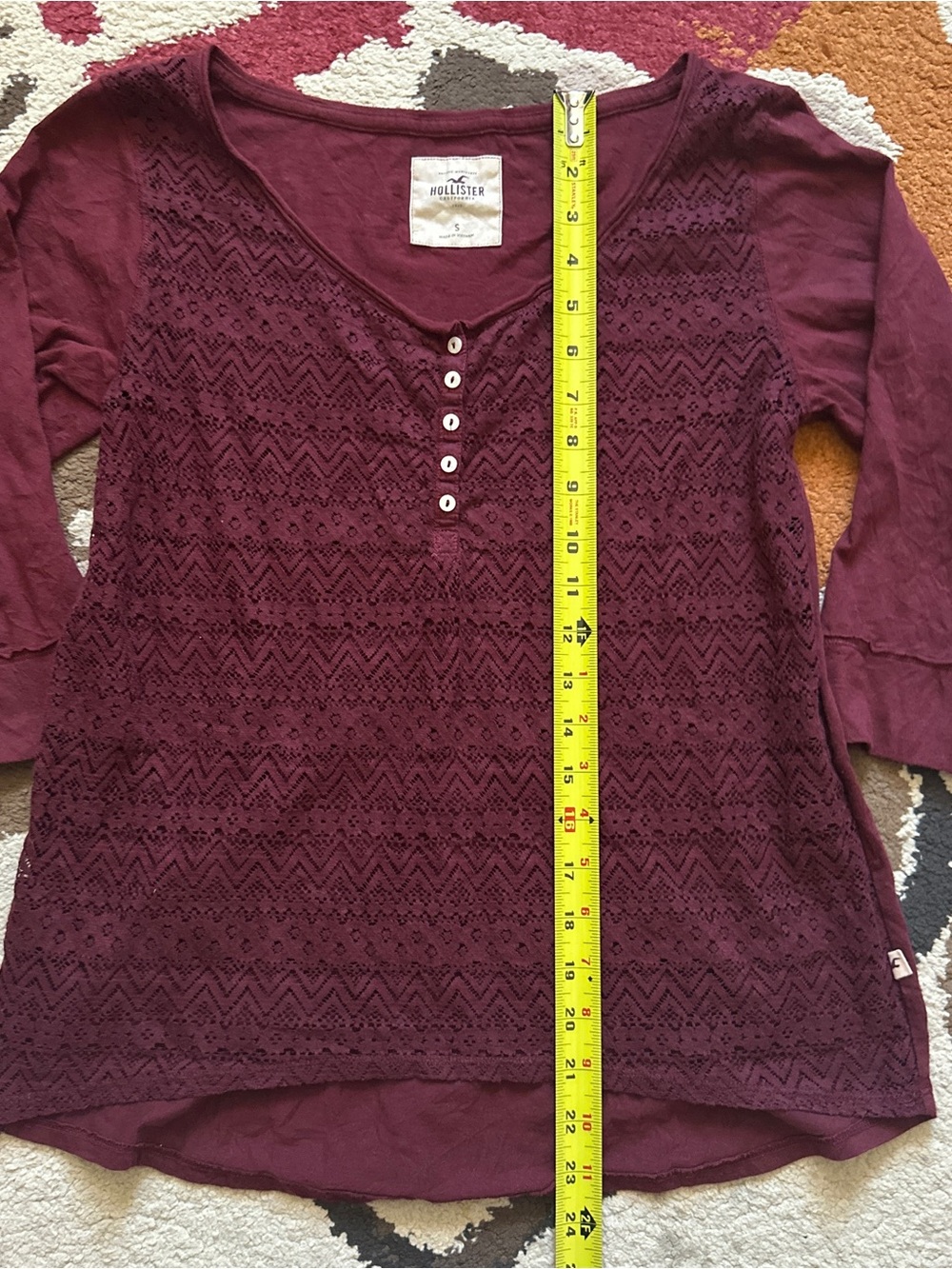 Hollister Burgundy Lace Henley Long Sleeve Top | Size S - Picture 6 of 8